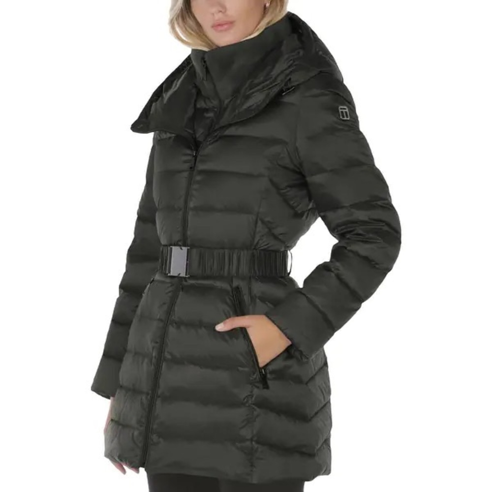 Tahari Women's Quilted Down Full Belted Mid-Length Puffer Coat - Black - XL
